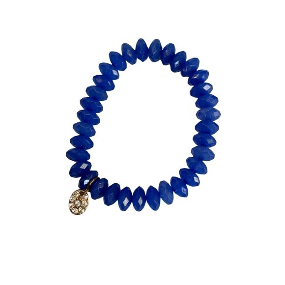 Cobalt Blue Glass Beaded Stretch Bracelets With Rhinestone Charm Accents - Picture 5 of 9
